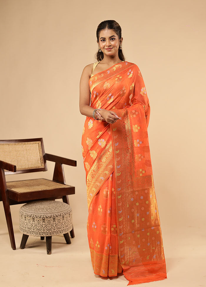 Orange Dupion Silk Saree With Blouse Piece