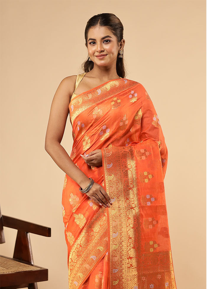 Orange Dupion Silk Saree With Blouse Piece