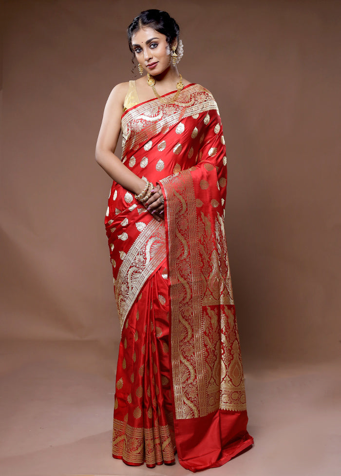 Red Banarasi Pure Silk Saree With Blouse Piece - Indian Silk House Agencies