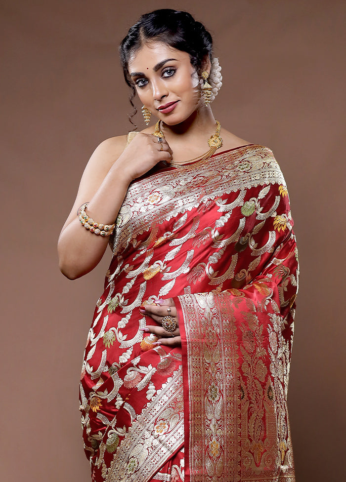 Maroon Banarasi Pure Silk Saree With Blouse Piece - Indian Silk House Agencies