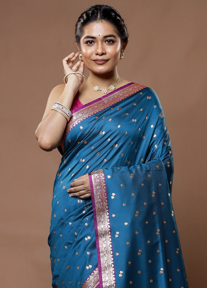 Blue Banarasi Silk Saree With Blouse Piece - Indian Silk House Agencies