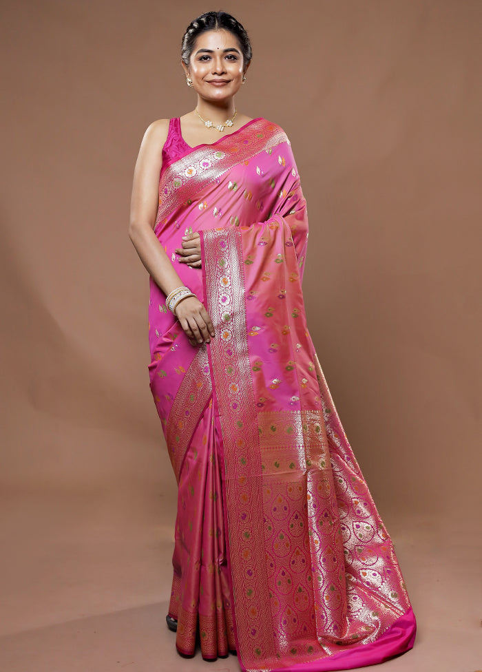 Pink Banarasi Pure Silk Saree With Blouse Piece - Indian Silk House Agencies