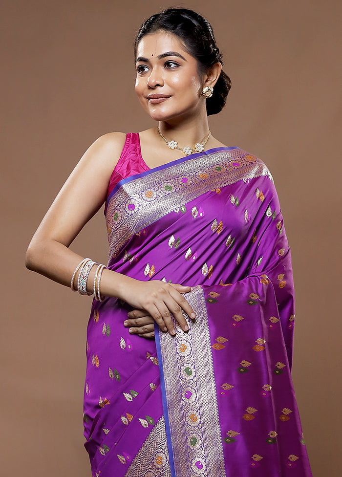 Purple Banarasi Pure Silk Saree With Blouse Piece - Indian Silk House Agencies