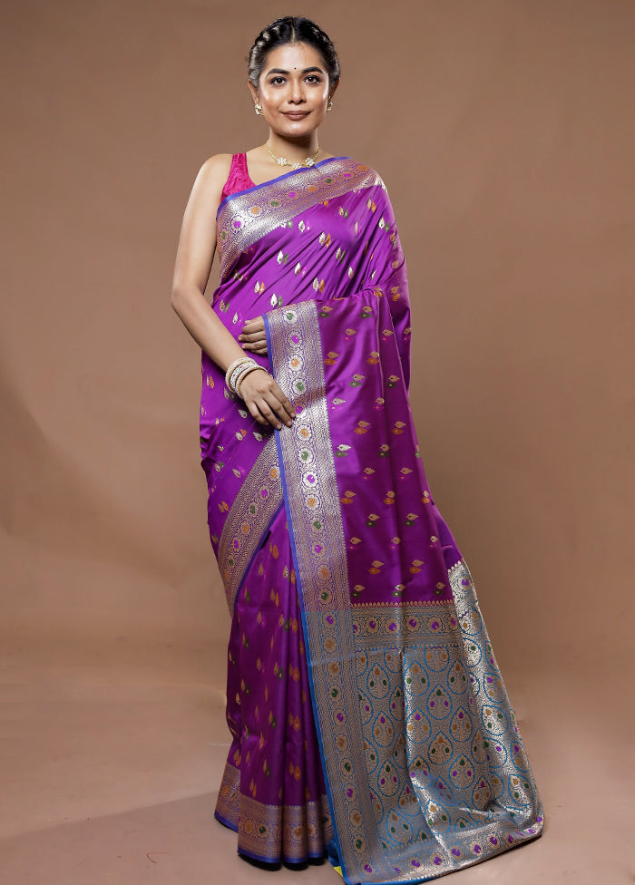 Purple Banarasi Pure Silk Saree With Blouse Piece - Indian Silk House Agencies