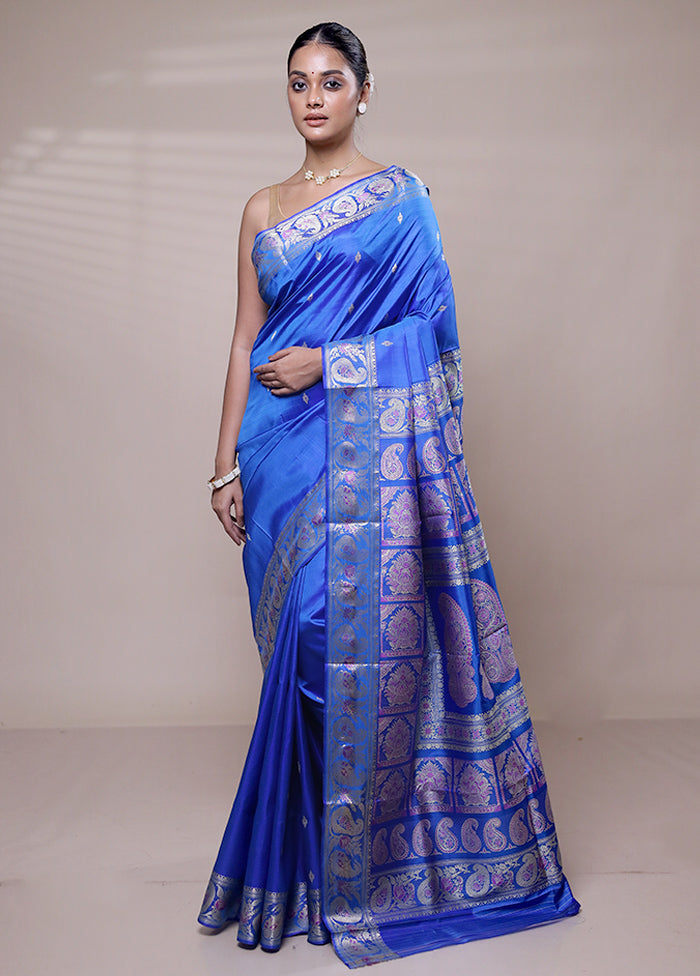 Blue Handloom Baluchari Pure Silk Saree With Blouse Piece