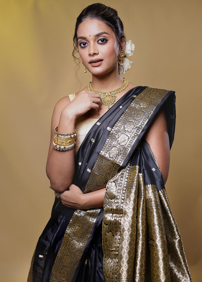 Black Handloom Katan Pure Silk Saree With Blouse Piece