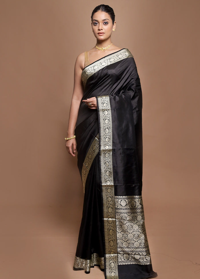 Black Handloom Katan Pure Silk Saree With Blouse Piece