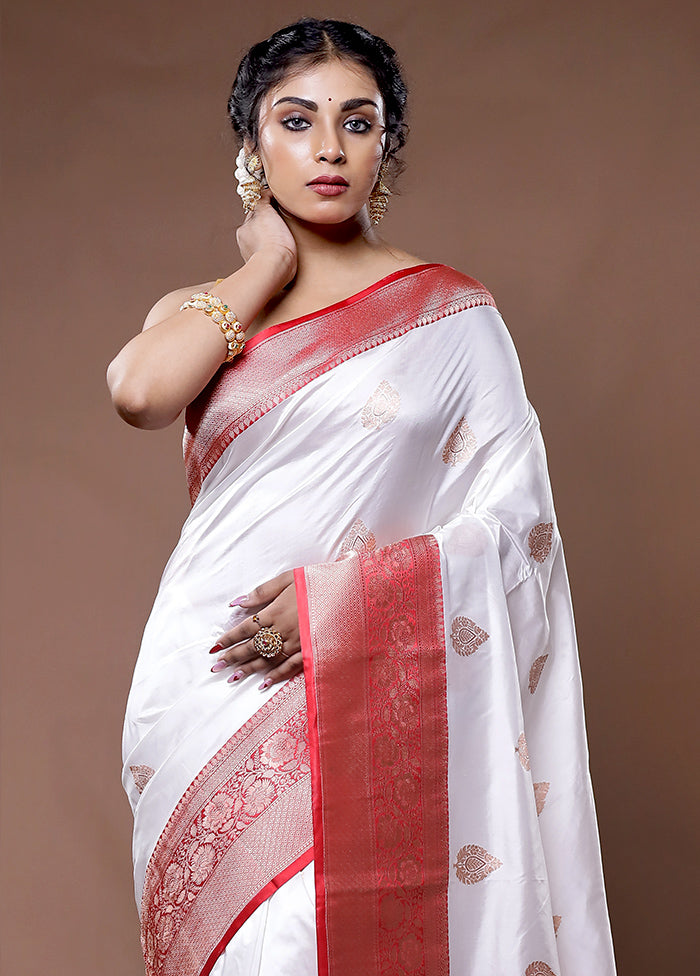 White Katan Pure Silk Saree With Blouse Piece - Indian Silk House Agencies