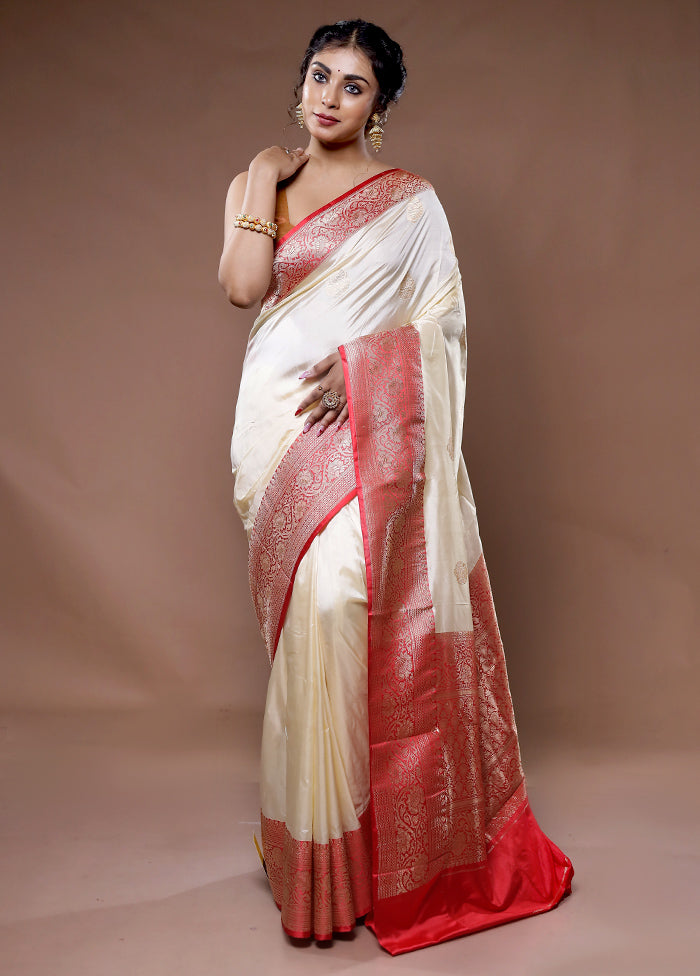 Cream Katan Pure Silk Saree With Blouse Piece - Indian Silk House Agencies