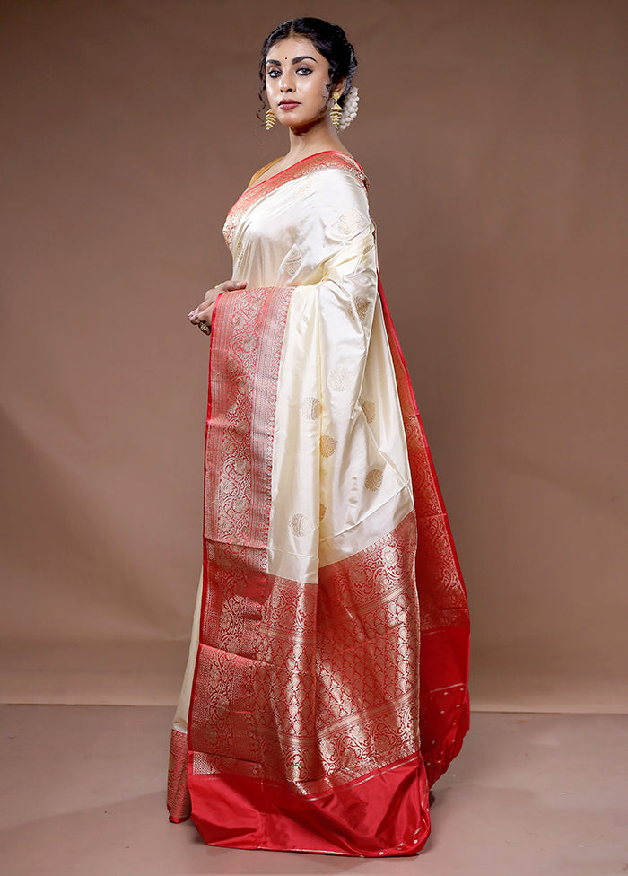 Cream Katan Pure Silk Saree With Blouse Piece - Indian Silk House Agencies