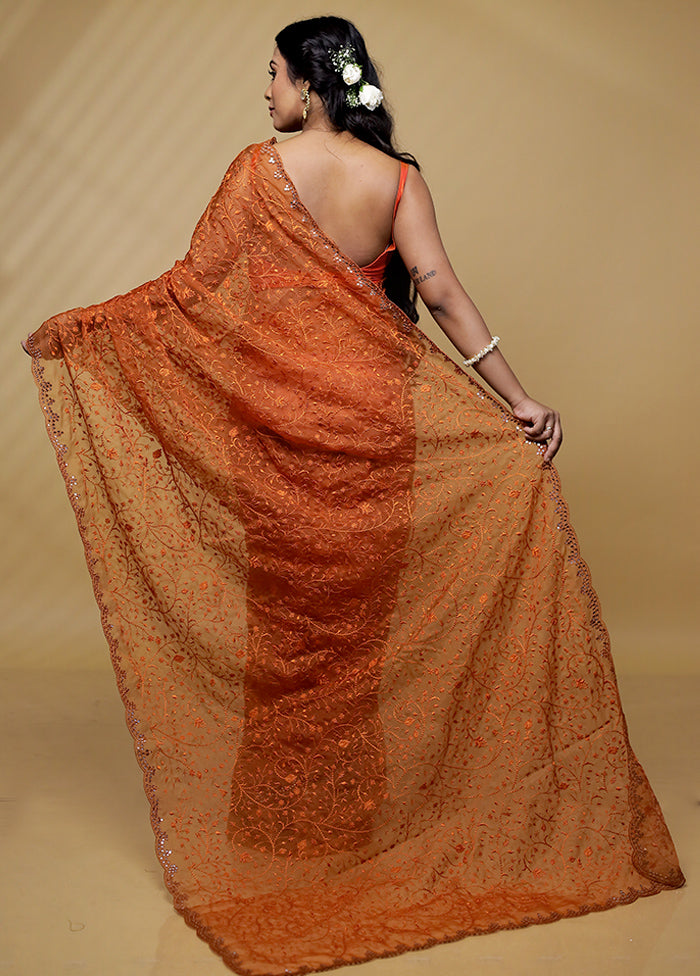 Orange Organza Saree With Blouse Piece - Indian Silk House Agencies