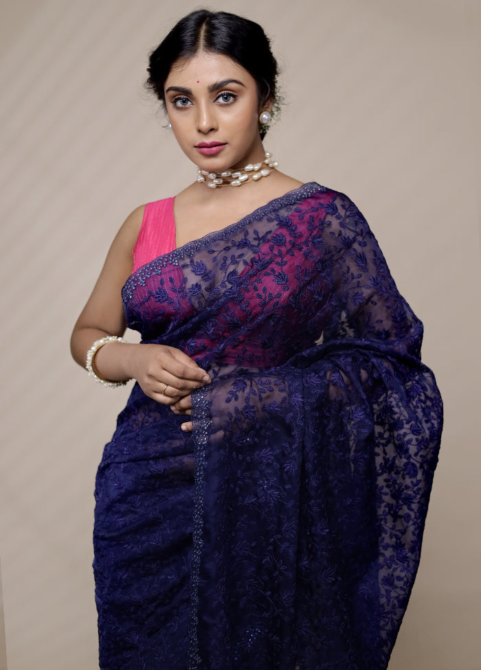 Blue Organza Saree With Blouse Piece - Indian Silk House Agencies