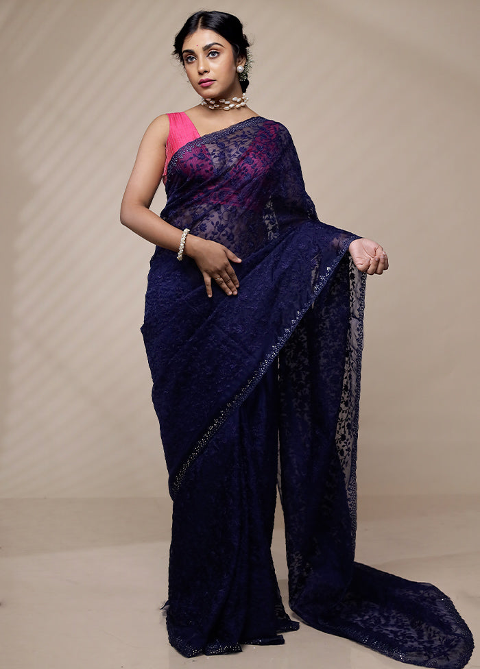 Blue Organza Saree With Blouse Piece - Indian Silk House Agencies