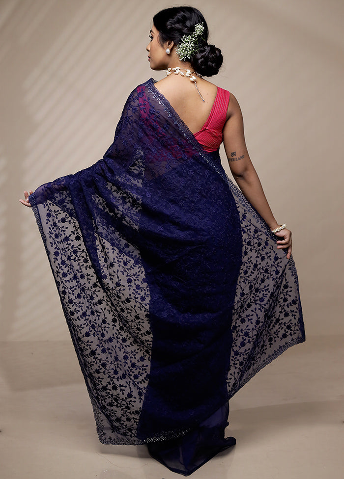 Blue Organza Saree With Blouse Piece - Indian Silk House Agencies