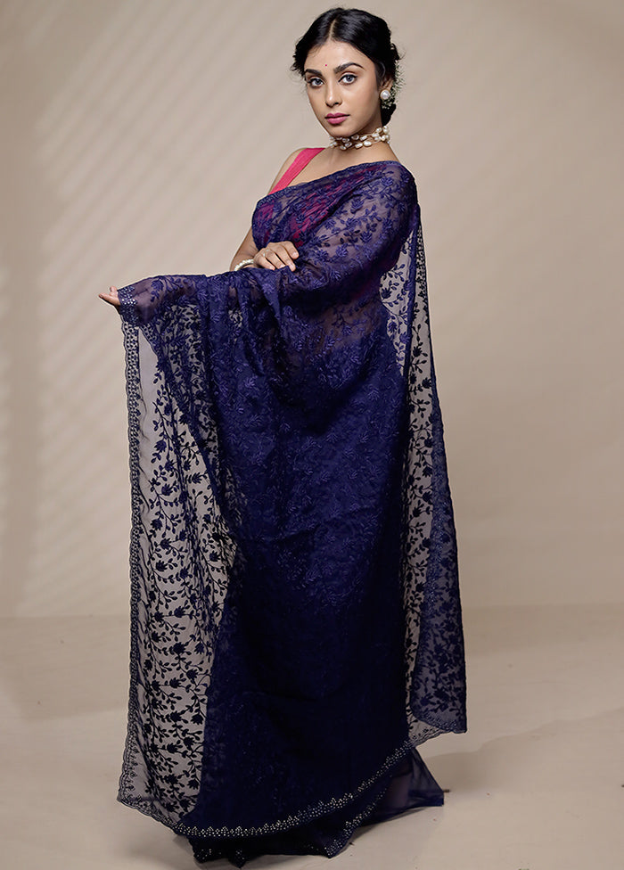 Blue Organza Saree With Blouse Piece - Indian Silk House Agencies