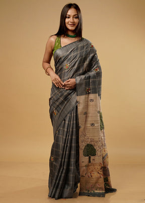 Grey Tussar Silk Saree With Blouse Piece - Indian Silk House Agencies