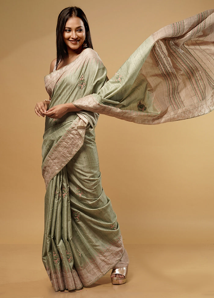 Green Tussar Silk Saree With Blouse Piece - Indian Silk House Agencies