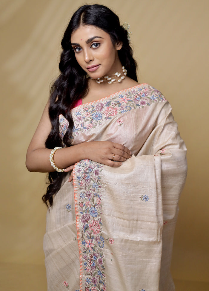 Cream Tussar Pure Silk Saree With Blouse Piece - Indian Silk House Agencies