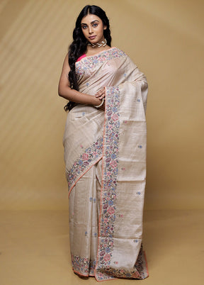 Cream Tussar Pure Silk Saree With Blouse Piece - Indian Silk House Agencies