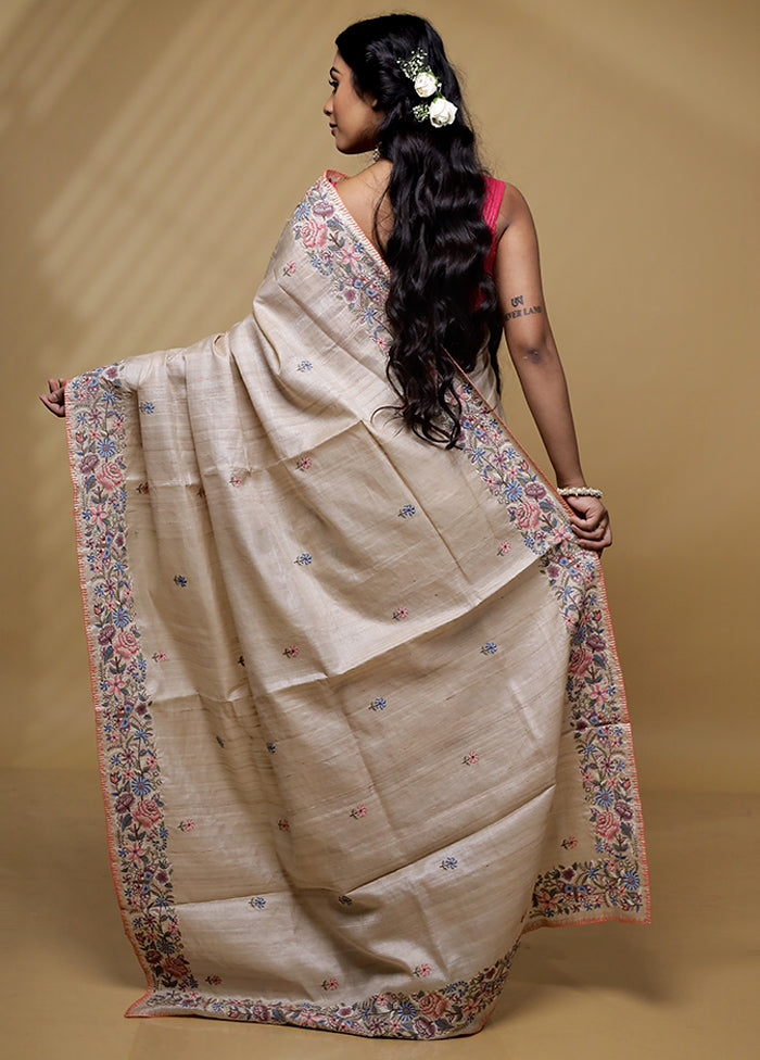 Cream Tussar Pure Silk Saree With Blouse Piece - Indian Silk House Agencies