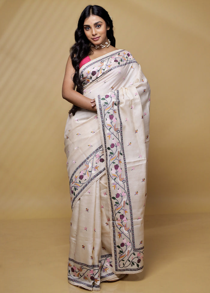 Cream Tussar Pure Silk Saree With Blouse Piece - Indian Silk House Agencies