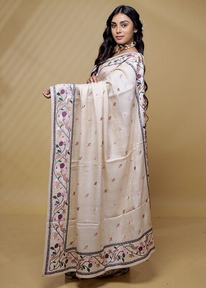 Cream Tussar Pure Silk Saree With Blouse Piece - Indian Silk House Agencies