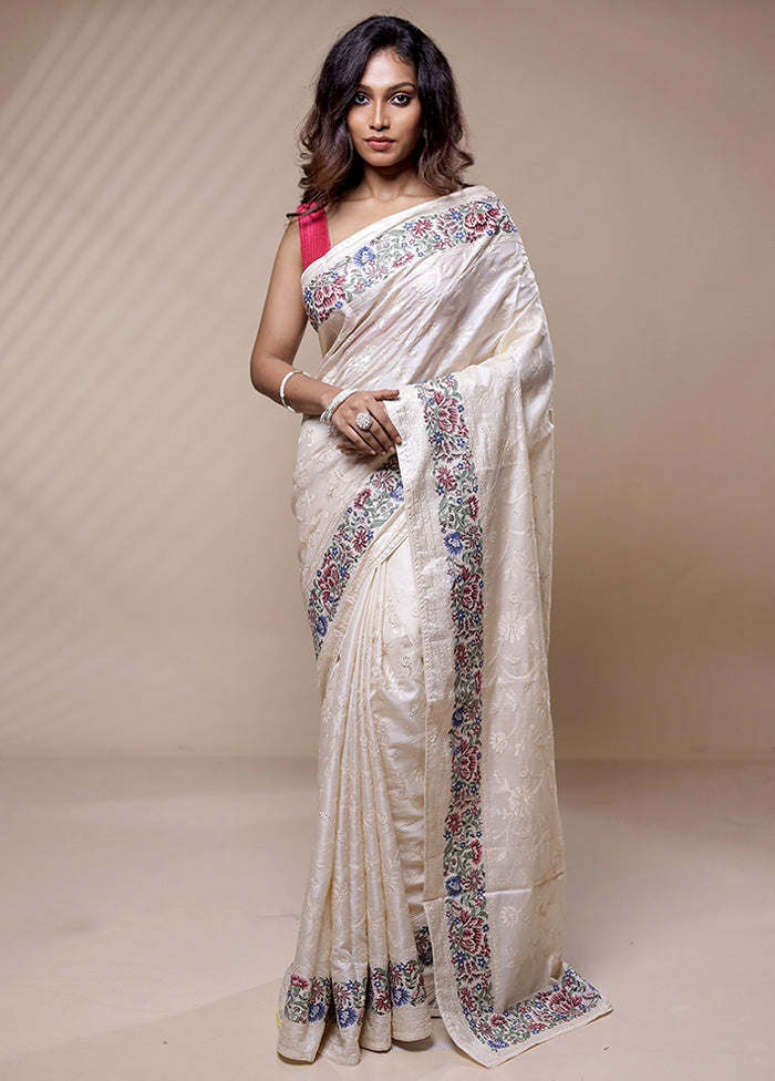 Cream Tussar Pure Silk Saree Without Blouse Piece - Indian Silk House Agencies