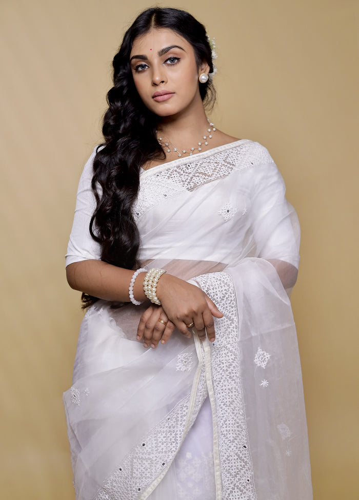 White Organza Saree With Blouse Piece - Indian Silk House Agencies