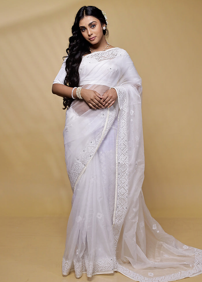 White Organza Saree With Blouse Piece - Indian Silk House Agencies