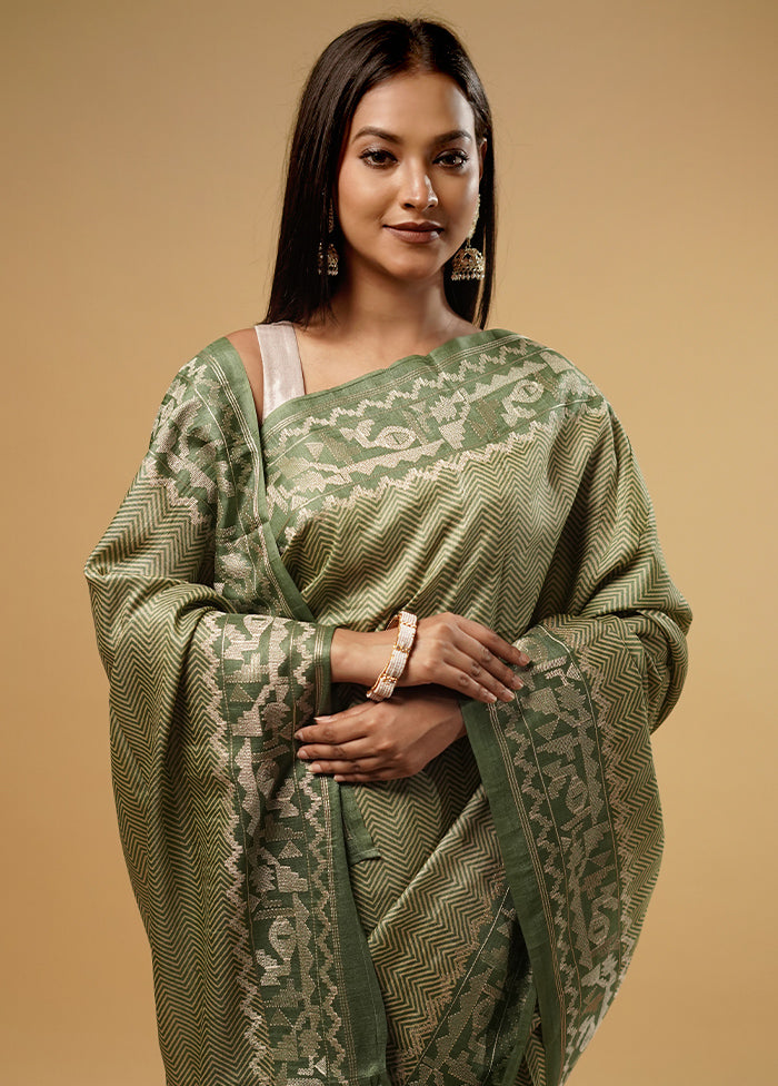 Green Tussar Pure Silk Saree With Blouse Piece - Indian Silk House Agencies