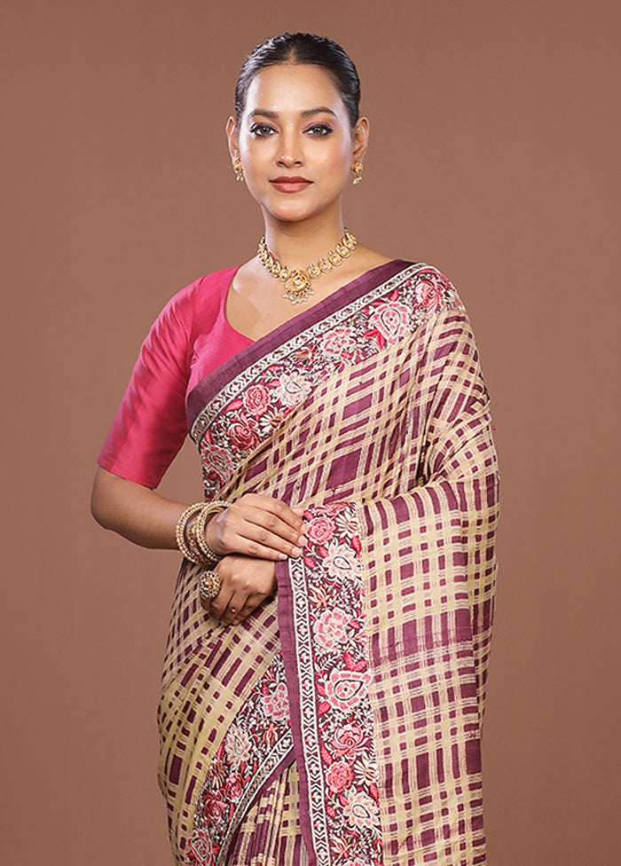 Purple Handloom Tussar Pure Silk Saree With Blouse Piece