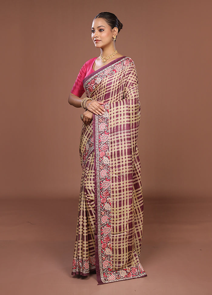 Purple Handloom Tussar Pure Silk Saree With Blouse Piece