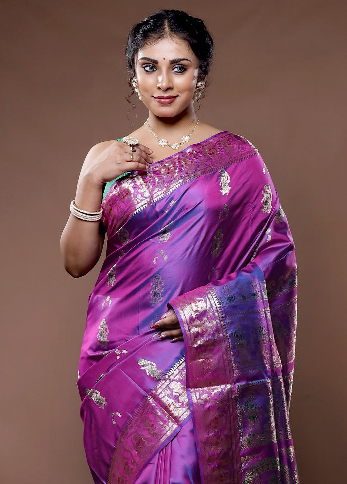 Purple Baluchari Pure Silk Saree With Blouse Piece - Indian Silk House Agencies