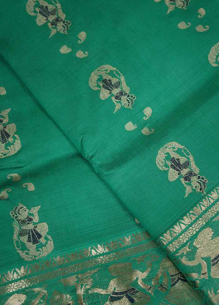 Green Baluchari Pure Silk Saree With Blouse Piece - Indian Silk House Agencies