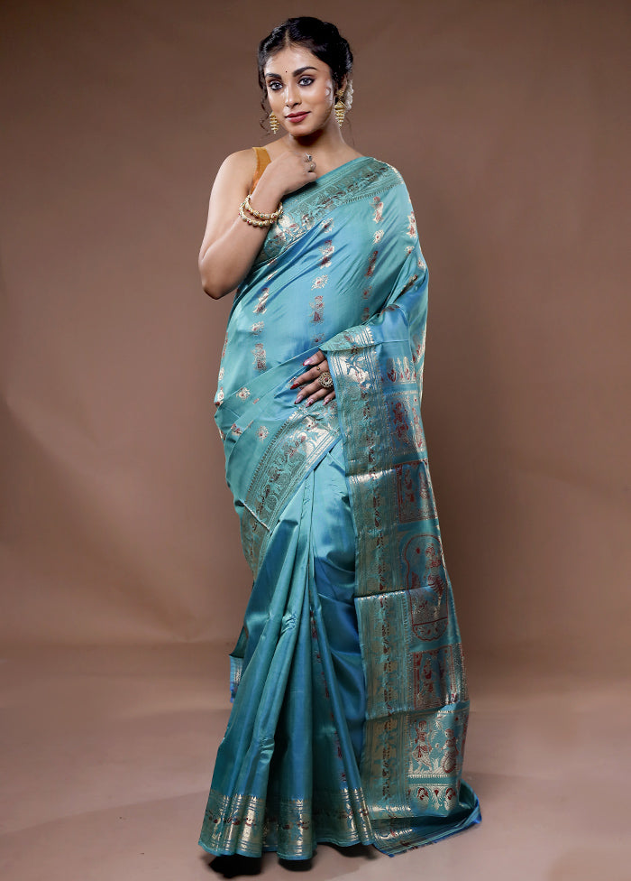 Green Baluchari Pure Silk Saree With Blouse Piece - Indian Silk House Agencies