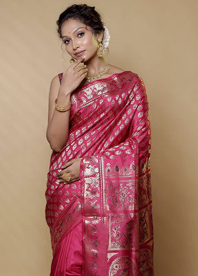 Pink Handloom Baluchari Pure Silk Saree With Blouse Piece