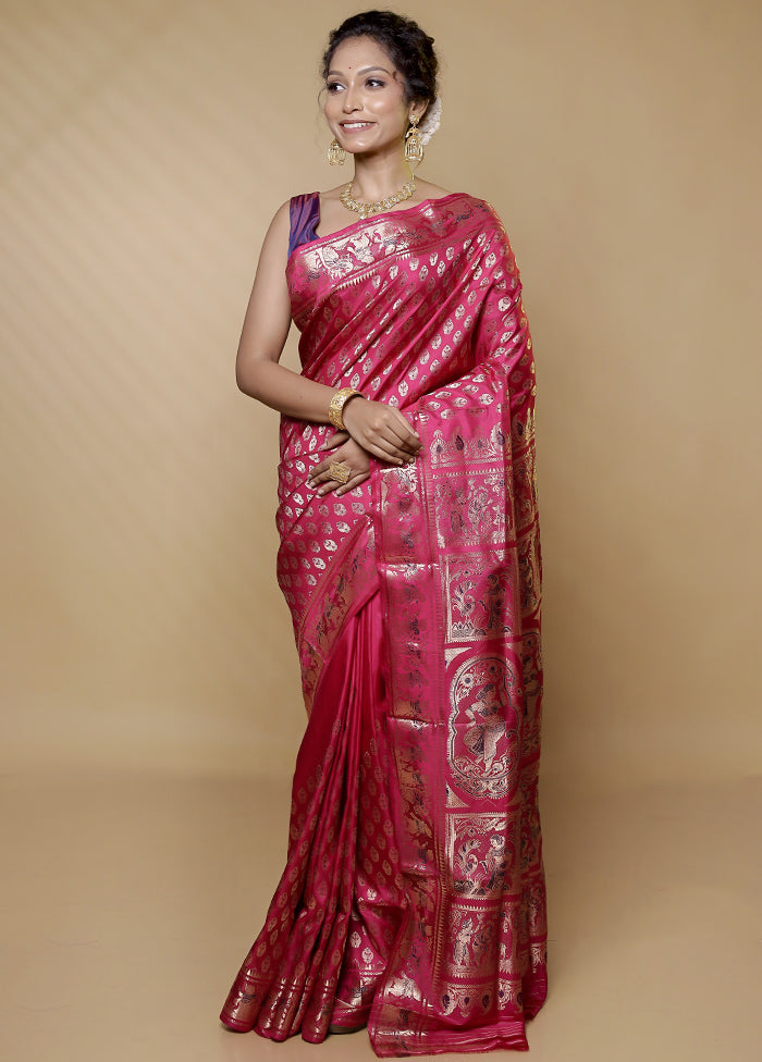 Pink Handloom Baluchari Pure Silk Saree With Blouse Piece