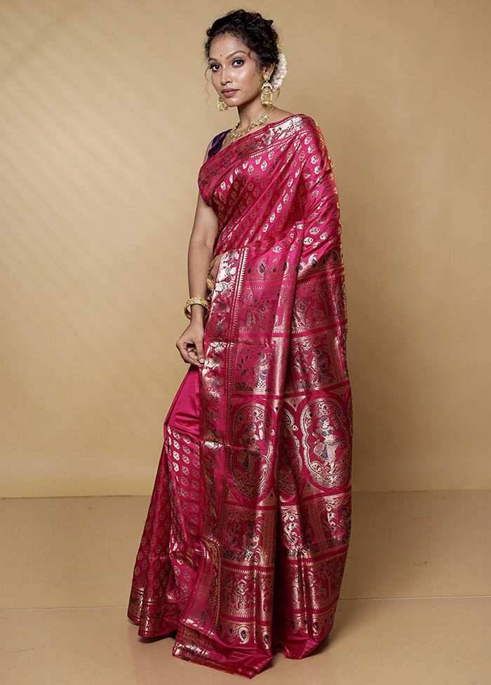 Pink Handloom Baluchari Pure Silk Saree With Blouse Piece