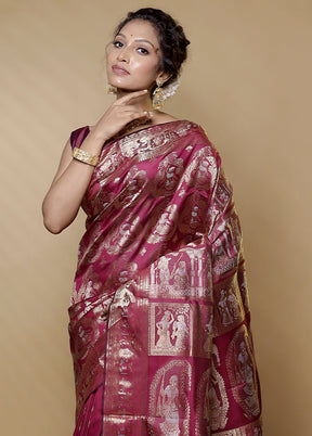 Purple Handloom Baluchari Pure Silk Saree With Blouse Piece