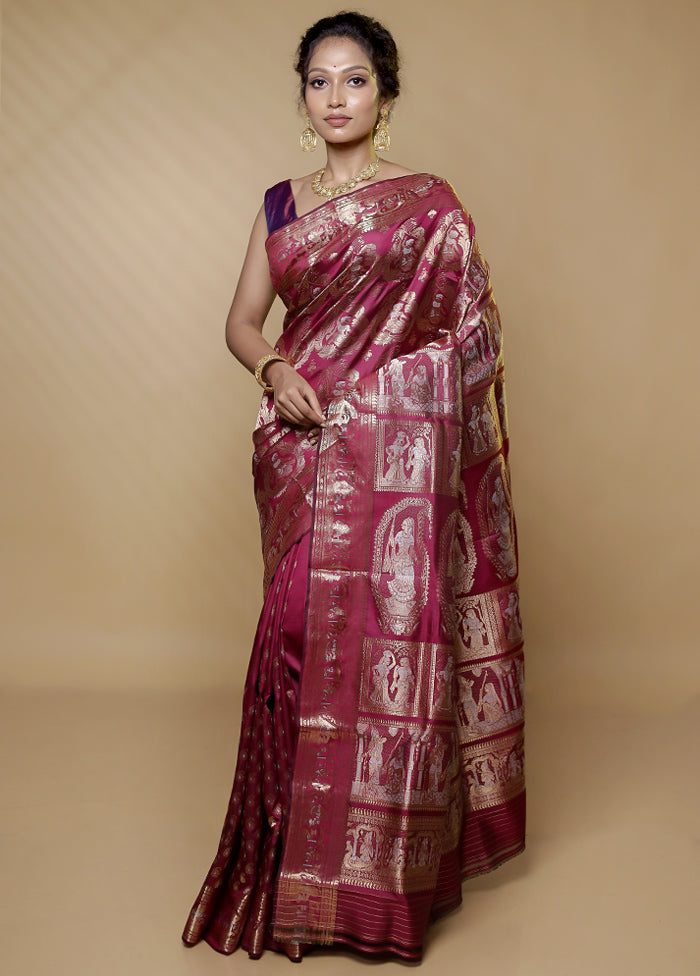 Purple Handloom Baluchari Pure Silk Saree With Blouse Piece