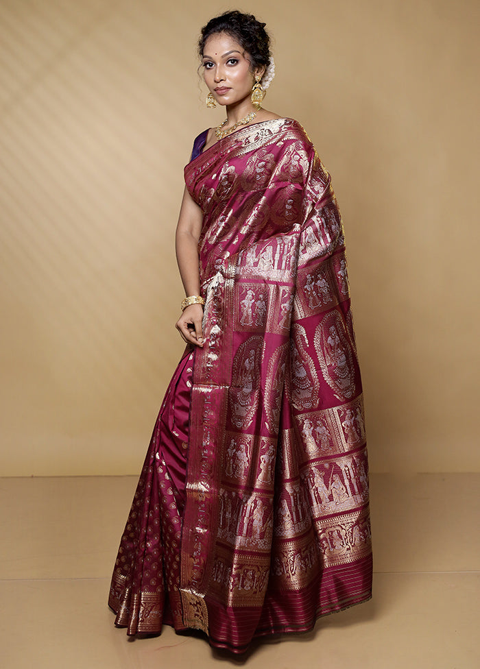 Purple Handloom Baluchari Pure Silk Saree With Blouse Piece