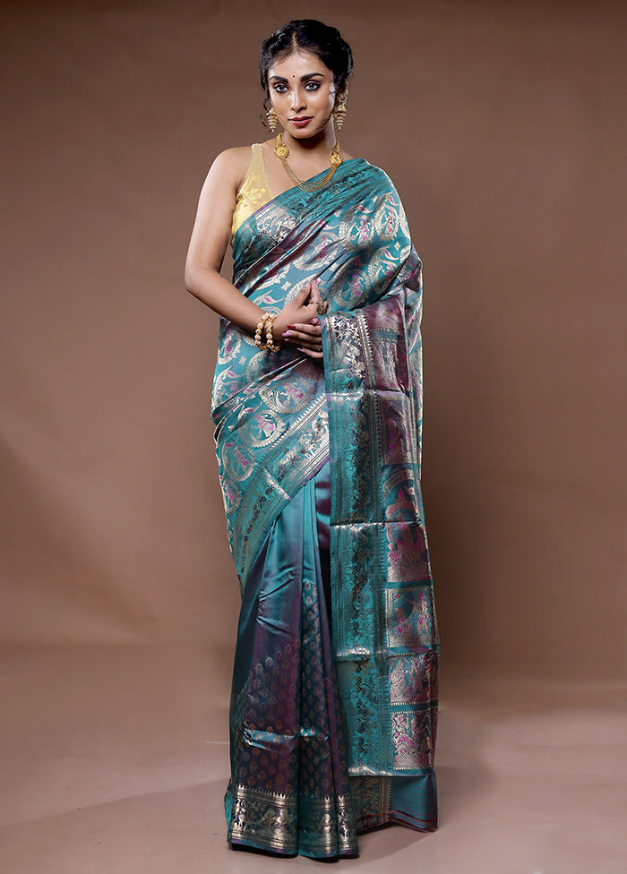 Green Baluchari Pure Silk Saree With Blouse Piece - Indian Silk House Agencies