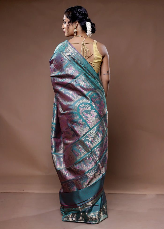 Green Baluchari Pure Silk Saree With Blouse Piece - Indian Silk House Agencies