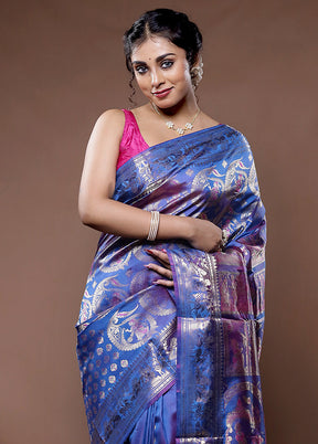 Blue Baluchari Pure Silk Saree With Blouse Piece - Indian Silk House Agencies