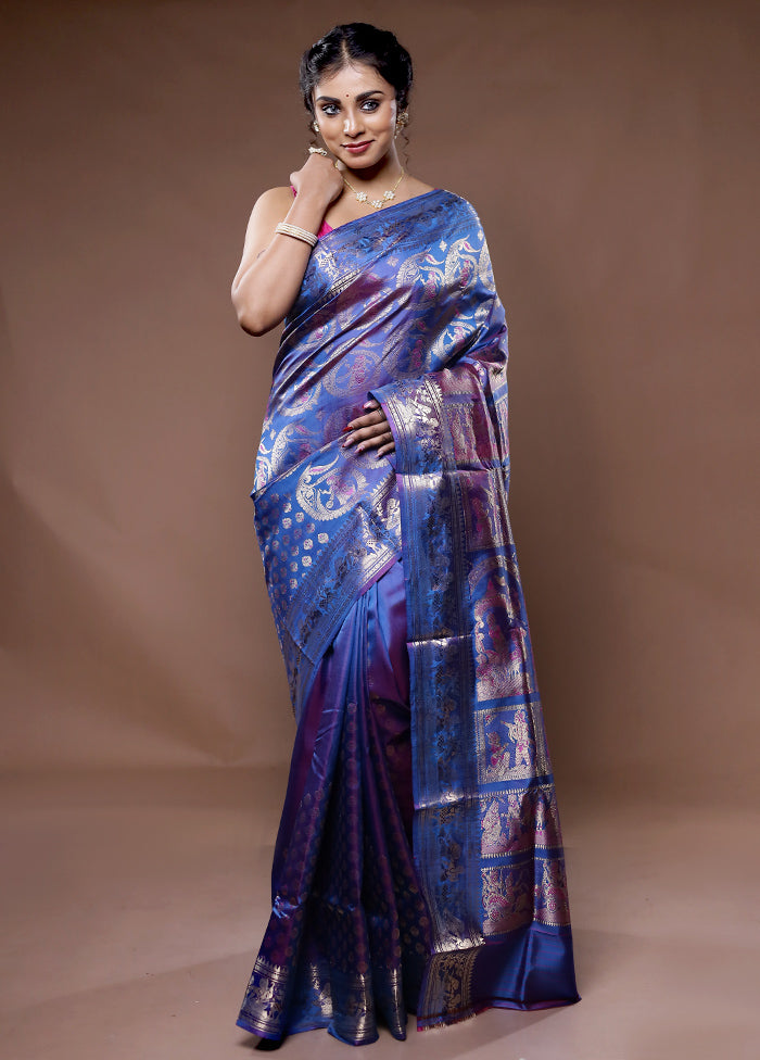 Blue Baluchari Pure Silk Saree With Blouse Piece - Indian Silk House Agencies