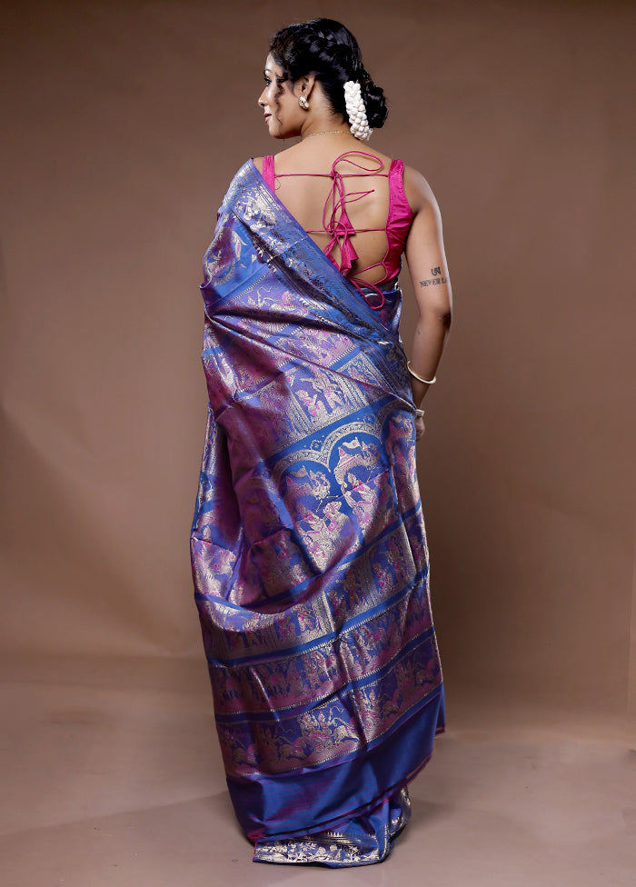 Blue Baluchari Pure Silk Saree With Blouse Piece - Indian Silk House Agencies