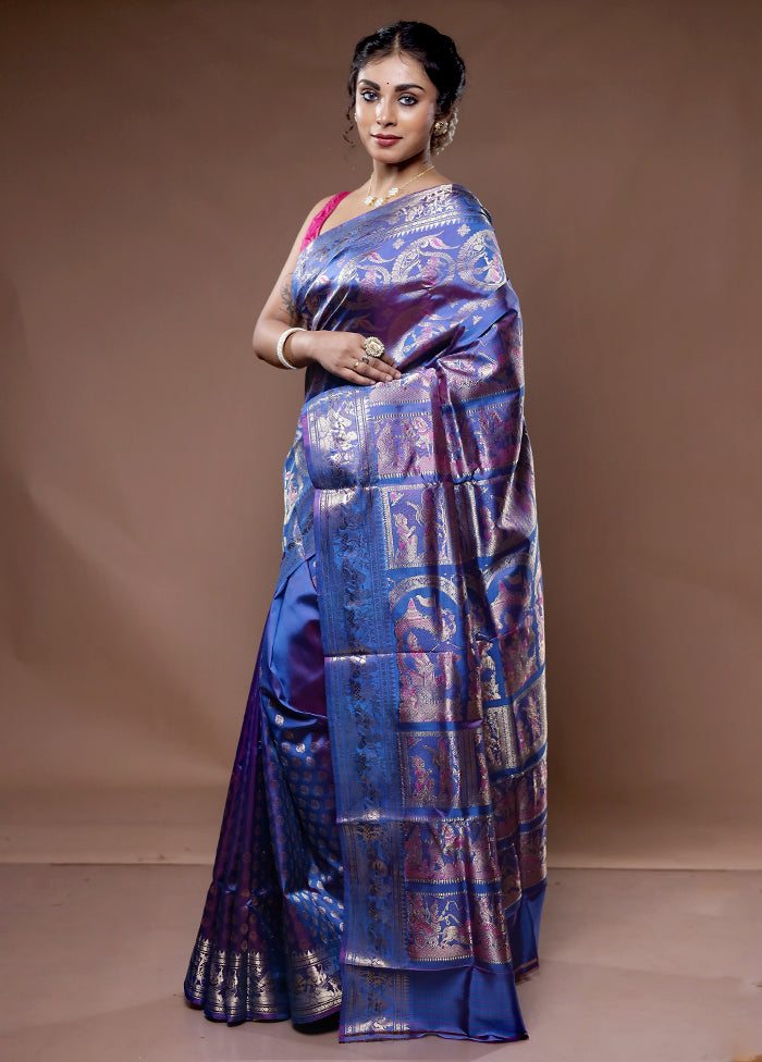 Blue Baluchari Pure Silk Saree With Blouse Piece - Indian Silk House Agencies