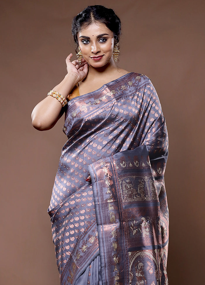 Grey Baluchari Pure Silk Saree With Blouse Piece - Indian Silk House Agencies