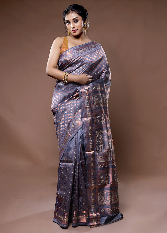 Grey Baluchari Pure Silk Saree With Blouse Piece - Indian Silk House Agencies