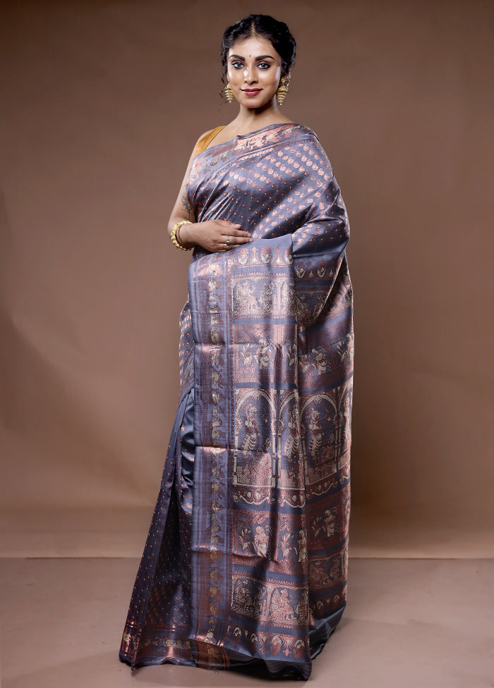 Grey Baluchari Pure Silk Saree With Blouse Piece - Indian Silk House Agencies